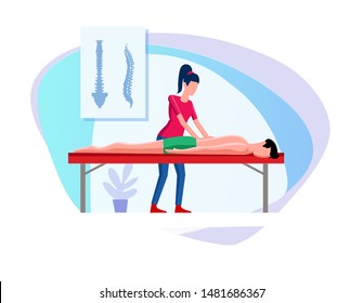 Girl makes a man a back massage. Young woman makes massage to young man at her back. Alignment of the ridge of the back by means of therapeutic massage. Flat cartoon illustration chiropractor spine