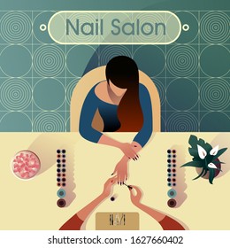 Girl makes a manicure in a nail salon, modern city life illustration. Top view vector mockup for a layout landing page or design advertising banner.