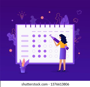 The girl makes a mark in her tracker habits. Self-improvement concept. Flat vector illustration.