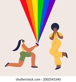 The girl makes a marriage proposal to her girlfriend. Happy lesbian couple. LGBTQ wedding. . Vector template for greeting card, invitation card, poster, flyer. Eps 10.