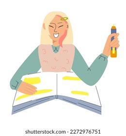 The girl makes notes in a notebook and hold market in hand. Study concept vector illustration