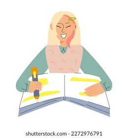 La chica hace notas en un cuaderno con un marcador. Ilustración vectorial de concepto de estudio