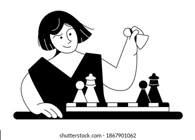  Girl makes pawn move over chessboard revealing queen. Checkmate. Strategy. Vector flat black white illustration isolated. Banner, poster