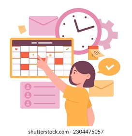 Girl makes plans. Woman near calendar. Employee organizes efficient workflow and plans. Time management and scheduling. Businesswoman makes notes. Cartoon flat vector illustration