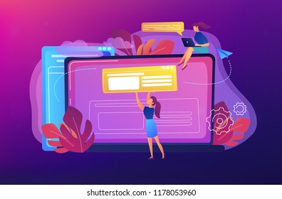 A girl makes a post on big laptop. Bloger is shareing information in weblog, online journal or informational website. Bloging and personal web log concept. Violet palette. Vector illustration.