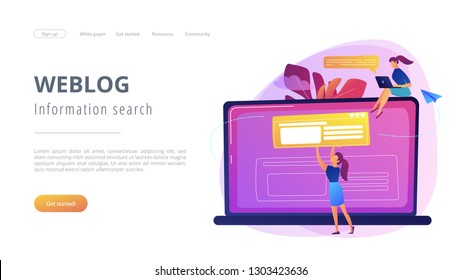 A girl makes a post on big laptop. Bloger is shareing information in weblog, online journal or informational website. Bloging and personal web log concept. Violet palette. Website landing web page.
