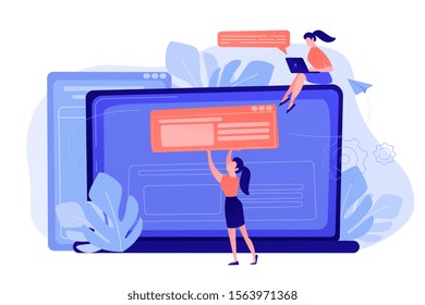 A girl makes a post on big laptop. Bloger is shareing information in weblog, online journal or informational website. Bloging and personal web log concept. Violet palette. Pink coral blue vector