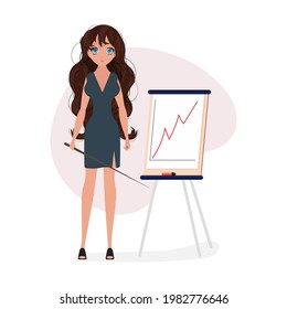 The girl makes a presentation. Simple and trendy vector concept design. Friendly business woman standing next to a presentation screen, holding a pointer and smiling.