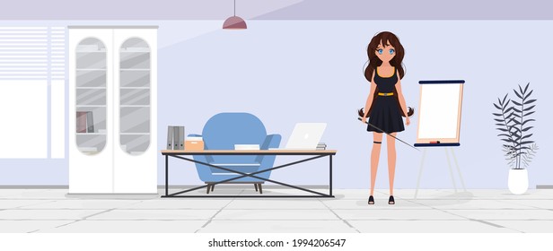 Das Mädchen macht eine Präsentation. Einfaches und trendiges Vektordesign. Freundliche Geschäftsfrau, die neben einem Präsentationsbildschirm steht, einen Zeiger hält und lächelt.