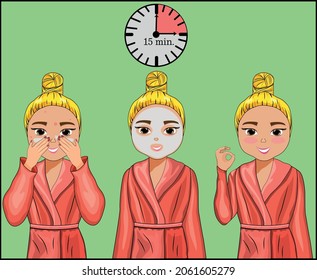 The girl makes procedures in the bathroom to take care of herself. Hygiene and hydration. Remedy for problem skin. Instructions for use. Character. Beautiful blonde in a pink robe. Vector Illustration