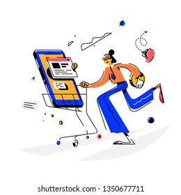 Girl makes a purchase, illustration. Vector. The buyer on the phone carries a new phone. Purchaser of goods. Online order. Delivery of goods. Chat, chat. Flat cartoon style. SEO.