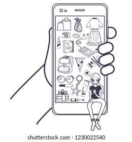 The girl makes purchases online without leaving home. Comfortable shopping. Vector illustration on the topic of online shopping.