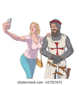 A girl makes a self photo with a Knight Templar.