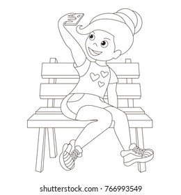 Girl makes the self shot cartoon. Colorless outlined illustration to be colored with thin line black stroke
