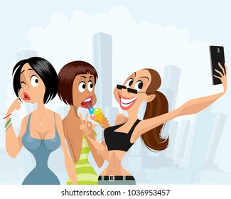 Girl makes selfie in the background of her girlfriends