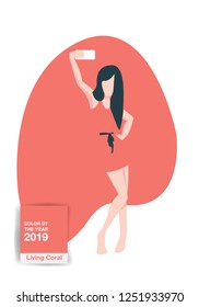 A girl makes a selfie, coral dress, fashion, color of the year 2019, vector illustration