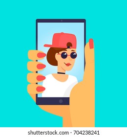 Girl makes sel-fie. Flat design vector illustration.