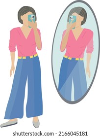 Girl makes a selfie looking in the mirror, woman and her reflection flat style illustration