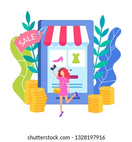 Girl makes a selfie, mobile application, online store, notice about the sale. Best buy concept. Vector illustration.