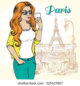 "girl makes selfie in Paris" for design