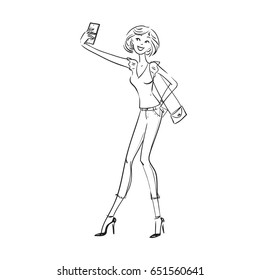 The girl makes selfie. Vector illustration.