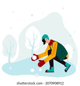 Girl makes snowballs to play with friends. Winter activities outside. Wintertime. Flat style Vector Illustration.