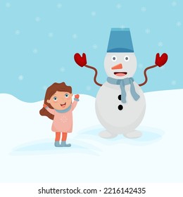 A girl makes a snowman in nature. Winter holidays. Winter landscape. Vector illustration.