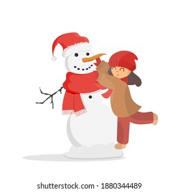 The girl makes a snowman. Snowman, girl in warm winter clothes. Isolated on white background. Cartoon, vector illustration.