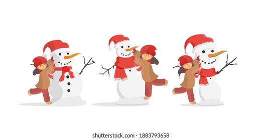 The girl makes a snowman. Snowman, girl in warm winter clothes. Isolated on white background. Cartoon, vector illustration. Set.