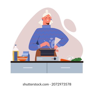 Girl makes soup. Household chores, routine, tasty and healthy food. Diet, taking care of your health, weight loss. Cook adds spices, wife prepare for whole family. Cartoon flat vector illustration