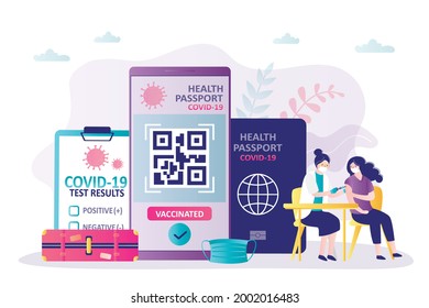 Girl makes vaccine to get certificate. Health passport with qr code on smartphone screen. Mandatory vaccination and PCR tests for travel. Preventive measures during pandemic. Flat vector illustration