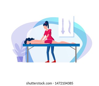 Girl makes a woman a back massage. Young woman makes massage to young girl at her back. Alignment of the ridge of the back by means of therapeutic massage. Flat cartoon illustration chiropractor spine