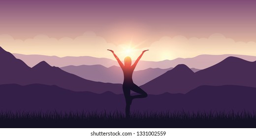 girl makes yoga with mountain view purple landscape and sunshine vector illustration EPS10