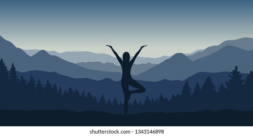 girl makes yoga pose at beautiful blue mountain and forest landscape vector illustration EPS10