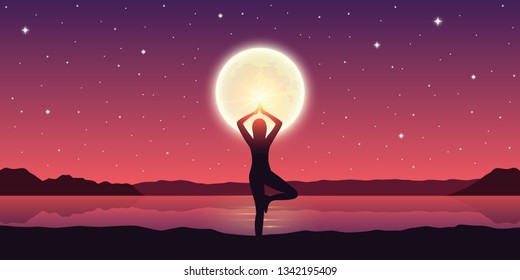 girl makes yoga pose at the lake with full moon and dramatic sky vector illustration EPS10