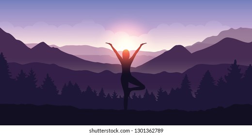 girl makes yoga tree figure in the mountain landscape view at sunrise vector illustration EPS10