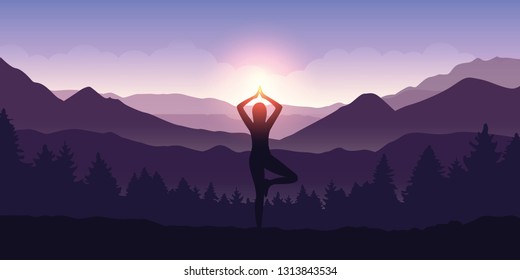 girl makes yoga tree figure in the mountain landscape view at sunrise vector illustration EPS10