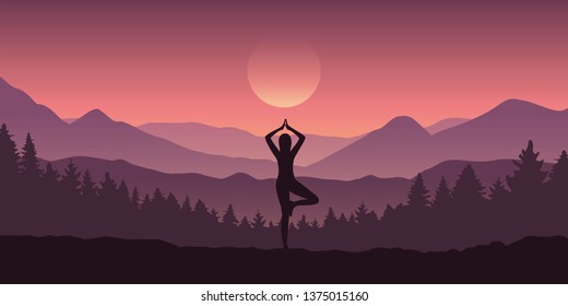 girl makes yoga tree figure in the mountain landscape view vector illustration EPS10