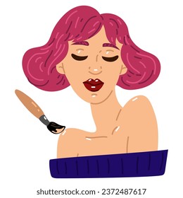 The girl is at the makeup artist, applying a tonal brush. Conceptual illustration in cartoon style. Bright stylish girl. Cute juicy image with pink hair and blue clothes. Finishing touches, skin care