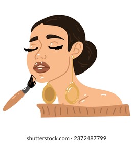 The girl is at the makeup artist, the brush is applying makeup. conceptual illustration in cartoon style. Natural, natural beauty. Cute girl with long earrings on makeup. Finishing touches, skin care
