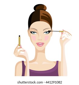 Girl and make-up, color apply mascara on the lashes. Vector illustration.