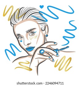 Girl with makeup and lip gloss in her hand, advertising concept, fashion industry, doodle
