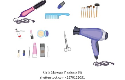 Girl Makeup Products Kit - Beauty Vector for Branding and Cosmetic Projects