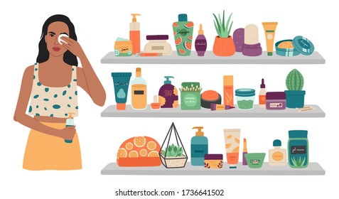 Сoncept of girl and makeup set, woman washes makeup, stands near shelves with cosmetics for face care. Vector illustration, flat cartoon style on white isolated background. 