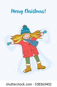 Girl making angel in snow. Vector illustration.