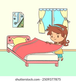 Menina fazendo cama, ilustração vetorial