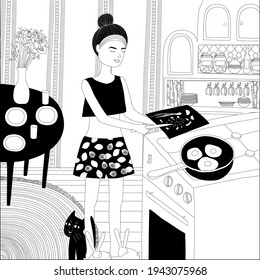 Girl Making Breakfast.Cooking Scene.Vector Young Woman Cooks In The Kitchen.Doodle Illustration. Lockdown. Homelife.