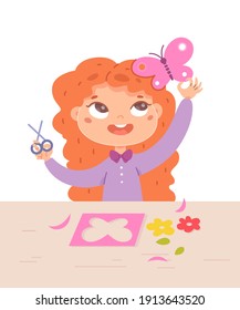 Girl making butterfly from paper in art and crafts class. Little child cutting flowers with scissors, sitting at desk. Creative activities with tools vector illustration.