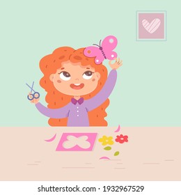 Girl making butterfly from paper in art and crafts class. Little child cutting flowers with scissors, sitting at desk in school classroom. Creative activities with tools vector illustration.