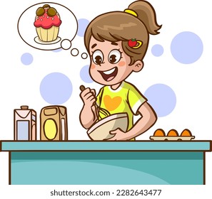 girl making cake in the kitchen cartoon vector